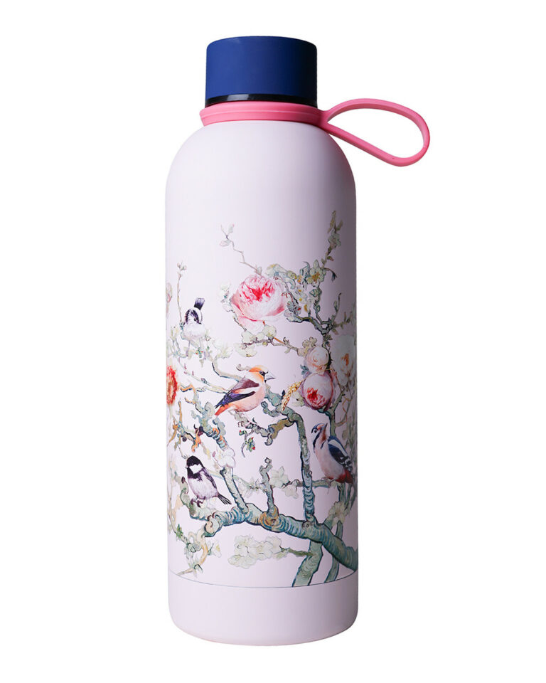 Heinen waterfles bosvogels roze